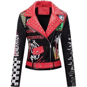 Women's Multi Faux Leather Peak Lapel & Classic Zipper Belts Biker Jacket